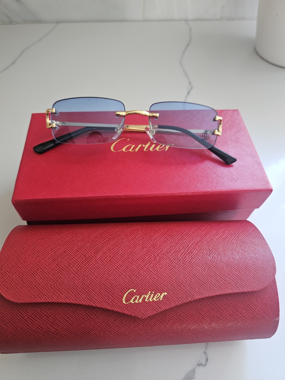 Rimless Sunglasses in Blue and Gold